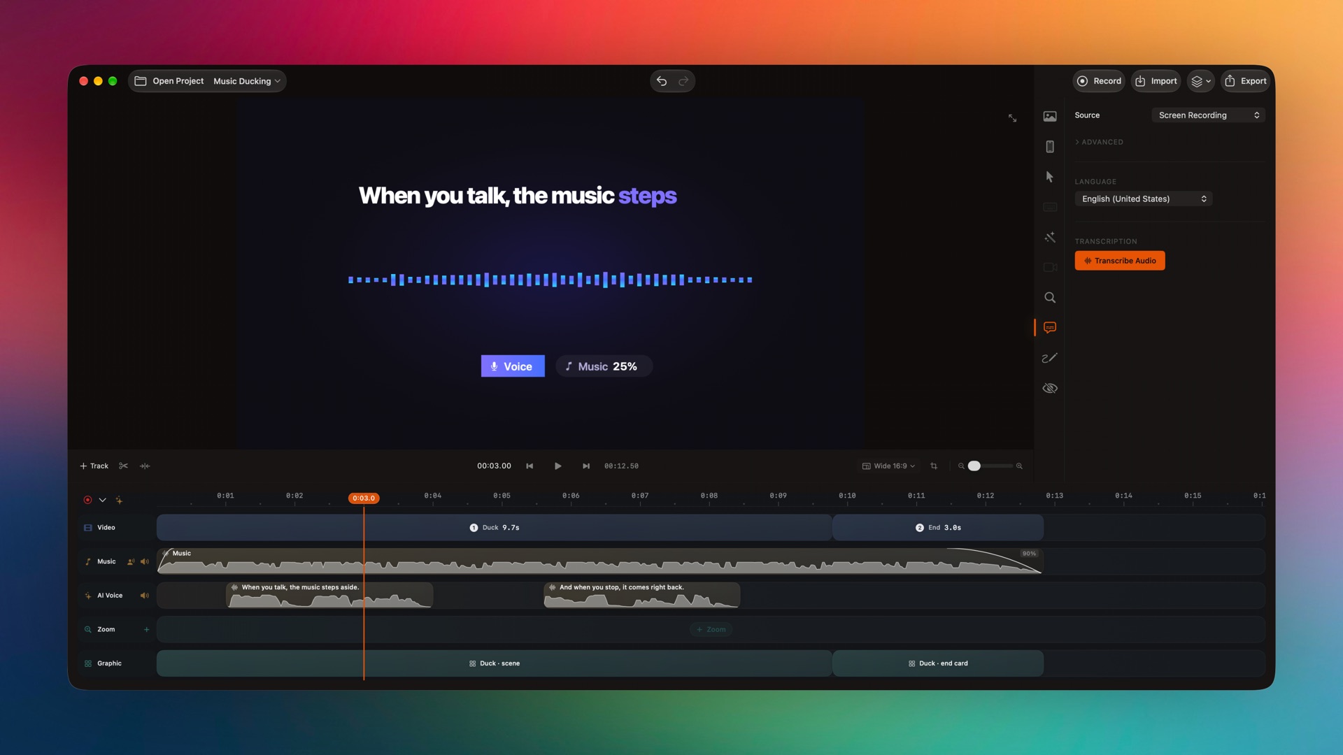 Subtitles inspector with source, language and Transcribe Audio