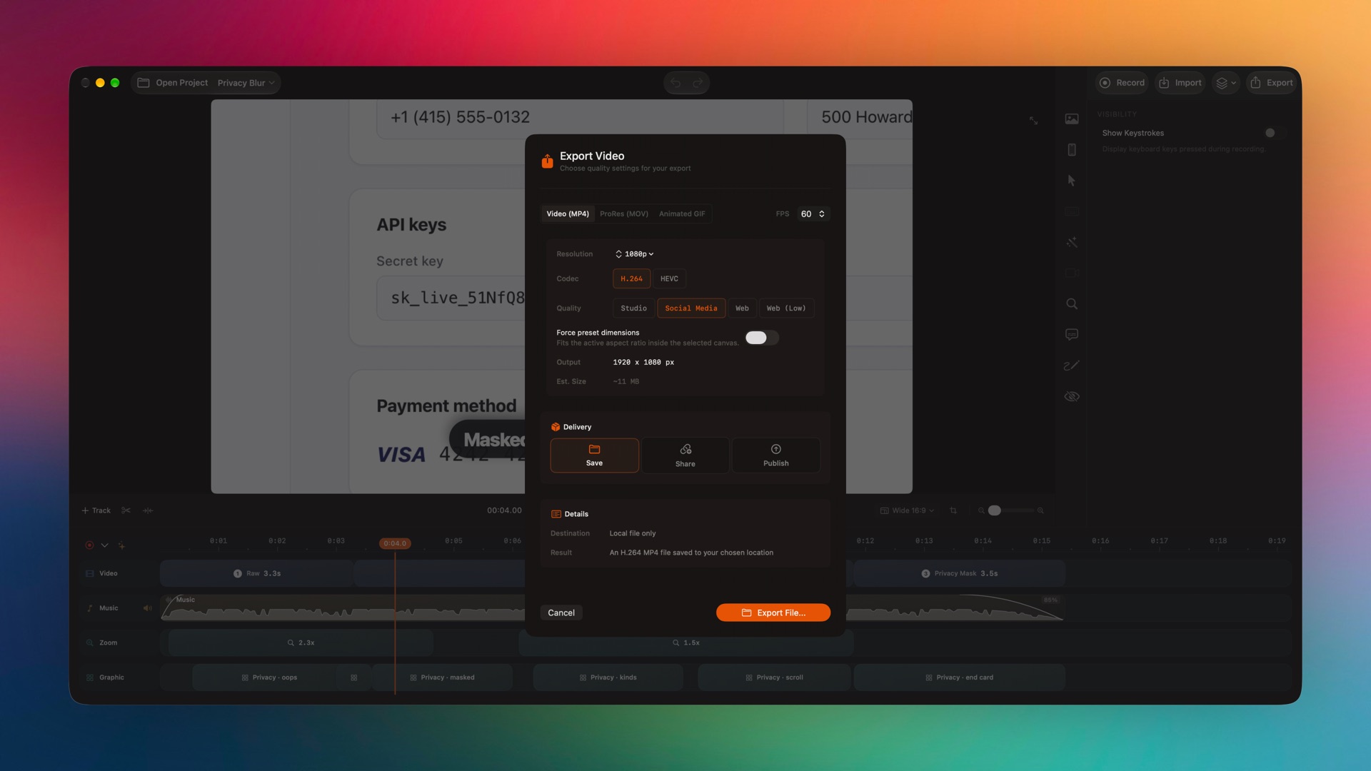 Export Video sheet with format, resolution, codec, quality and delivery options