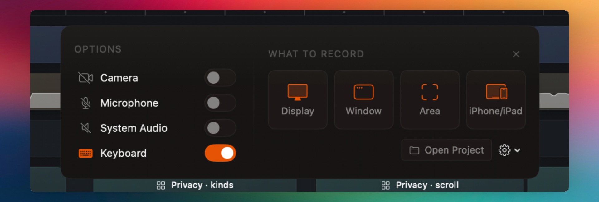 SmoothCapture recorder with Camera, Microphone, System Audio and Keyboard options