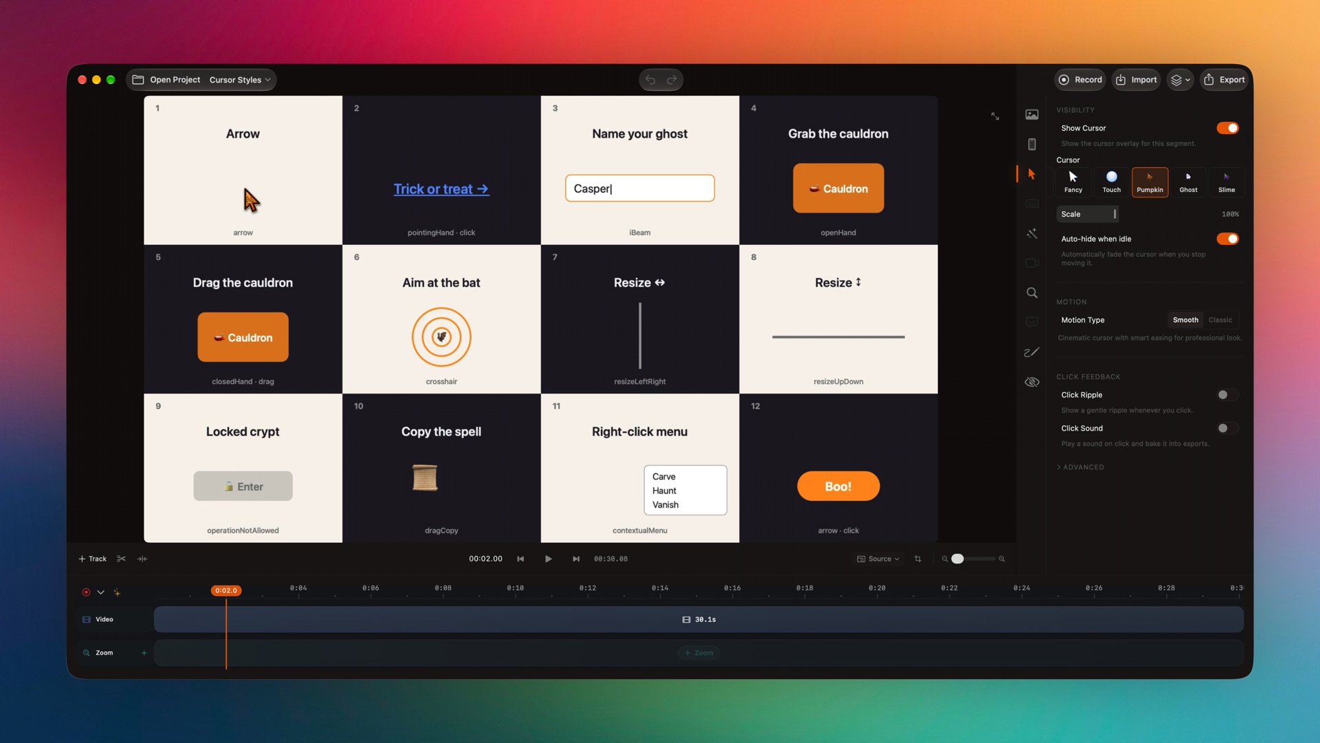 Cursor inspector with cursor sets, scale, auto-hide and motion type