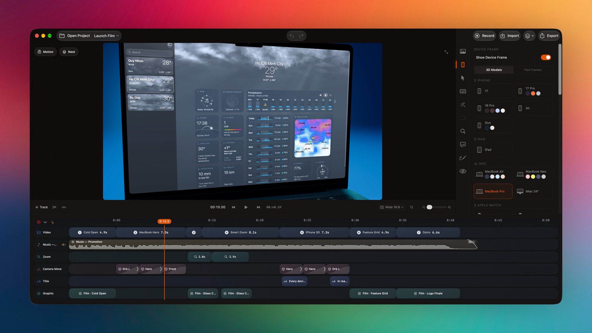 A launch film timeline with video, music, zoom, camera move, title and graphic tracks