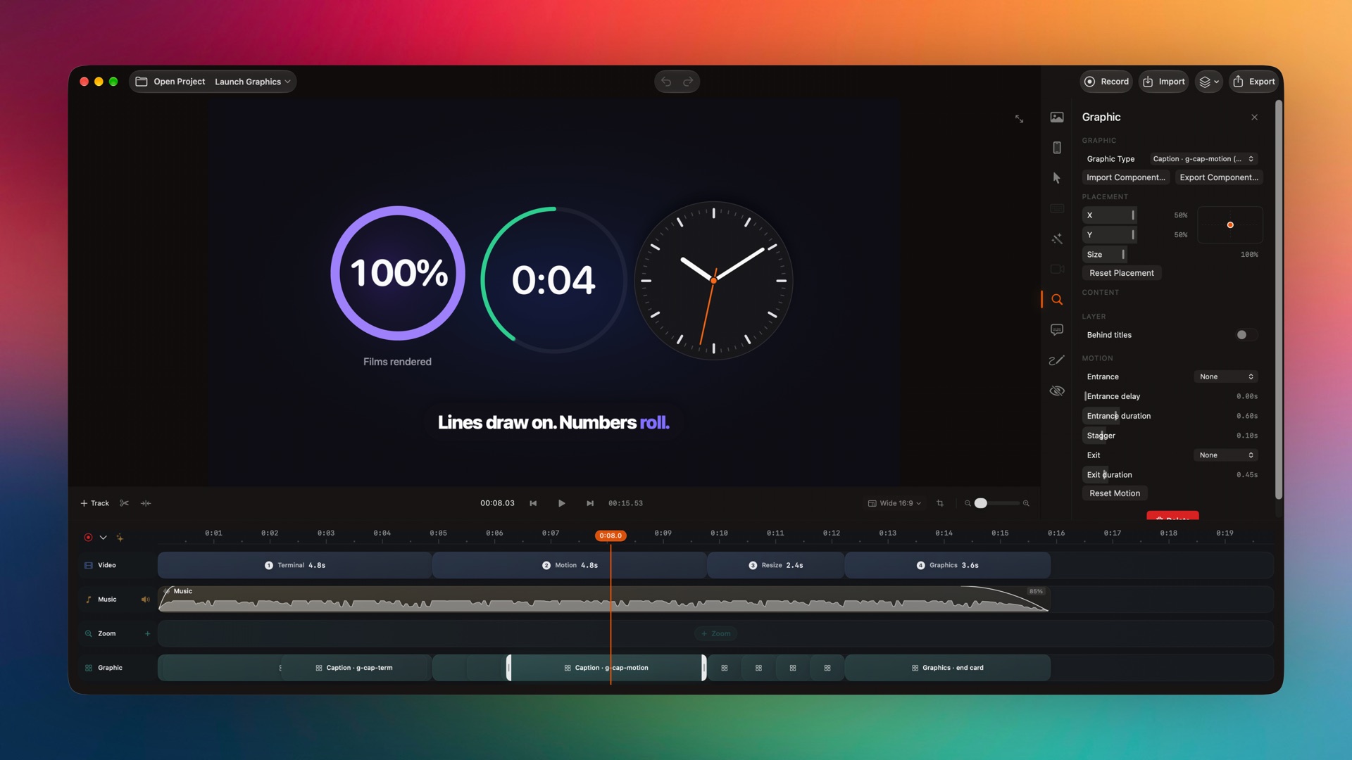 Graphic inspector with placement, layer and motion settings