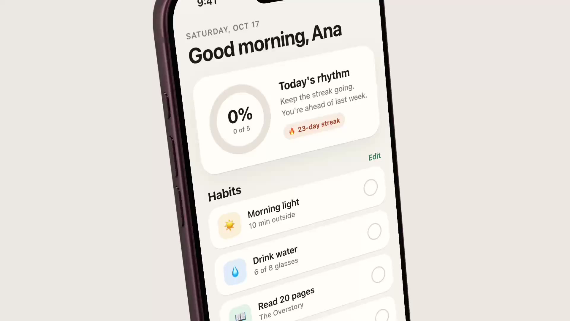 A close-up of an iPhone in 3D, rendered by SmoothCapture, showing a habit tracker app